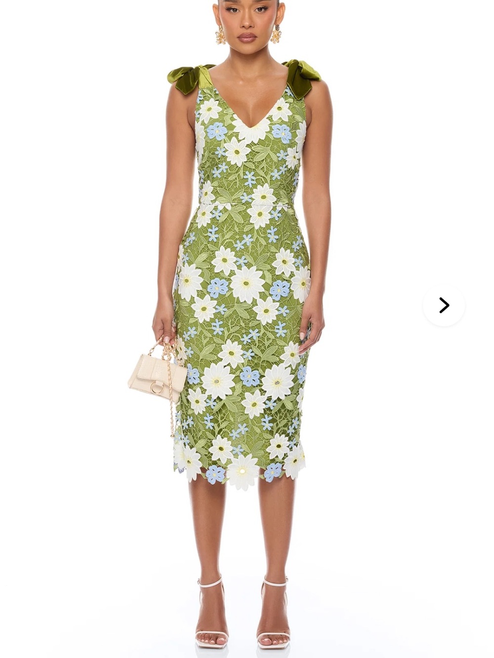 Green Floral Embroidered Lace Midi Dress with Bow Straps